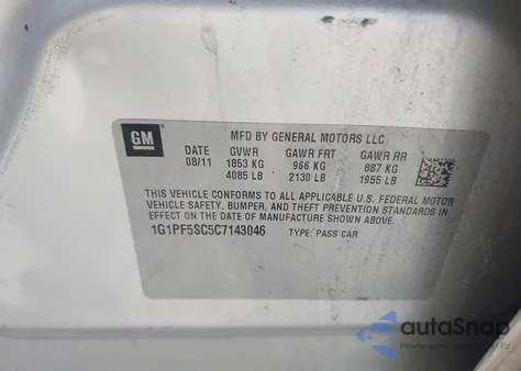 2012 Chevrolet Cruze 1Lt из США, поврежденный, VIN 1G1PF5SC5C7143046